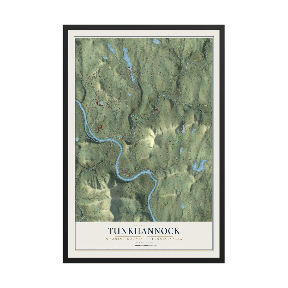 Map of Tunkhannock, Wyoming County, Pennsylvania, 12 x 18 inch print in a black wood frame