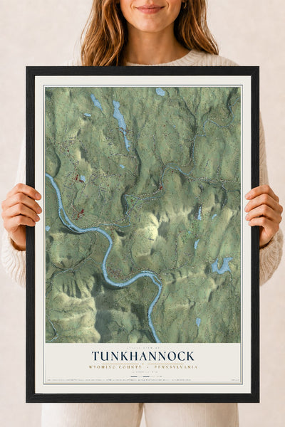 Map of Tunkhannock, Wyoming County, Pennsylvania, 18 x 24 inch print in a black wood frame