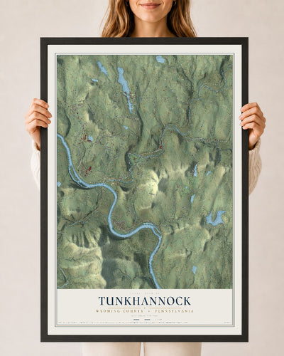 Map of Tunkhannock, Wyoming County, Pennsylvania, 24 x 36 inch print in a black wood frame