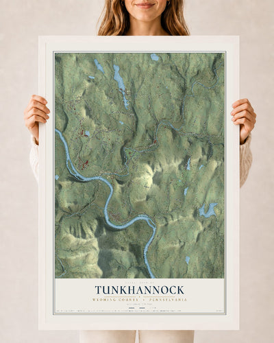 Map of Tunkhannock, Wyoming County, Pennsylvania, 24 x 36 inch print in a white wood frame