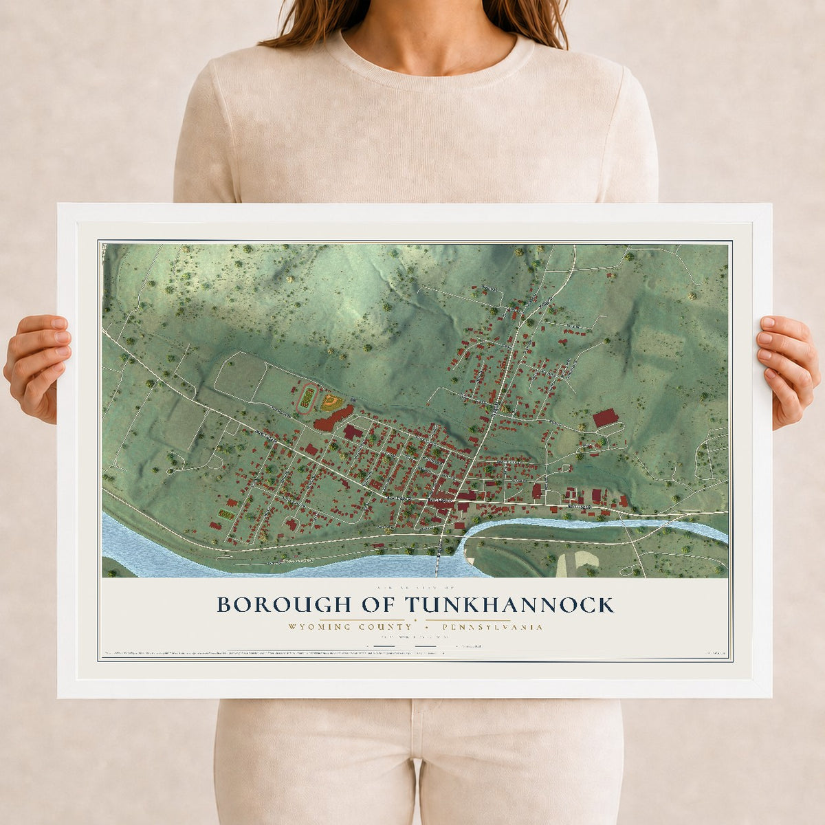 Map of the Borough of Tunkhannock, Wyoming County, Pennsylvania, 12 x 18 inch print in a white wood frame