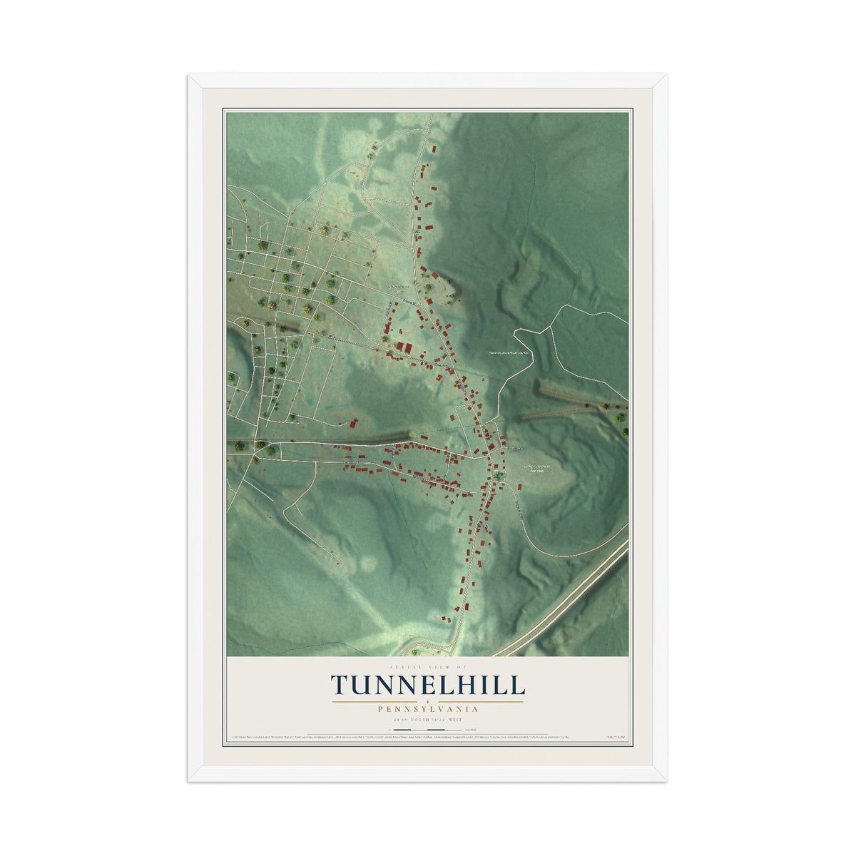 Map of Tunnelhill, Pennsylvania, 12 x 18 inch print in a white wood frame