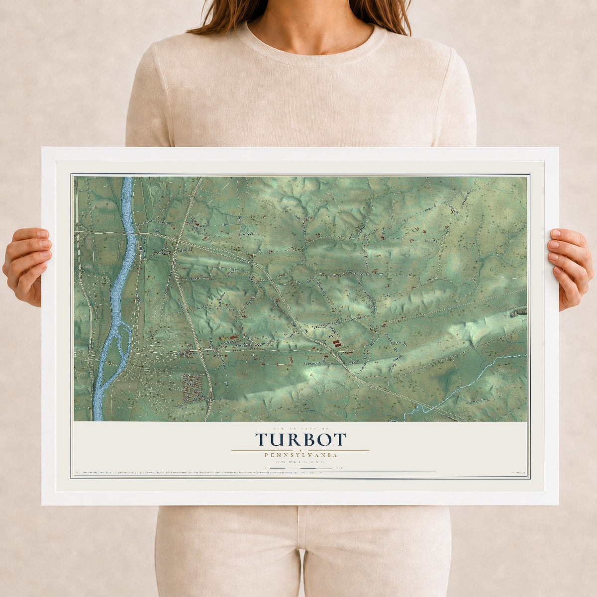 Map of Turbot, Pennsylvania, 12 x 18 inch print in a white wood frame