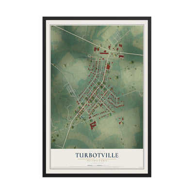 Map of Turbotville, Pennsylvania, 12 x 18 inch print in a black wood frame