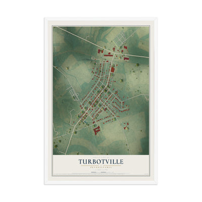 Map of Turbotville, Pennsylvania, 12 x 18 inch print in a white wood frame