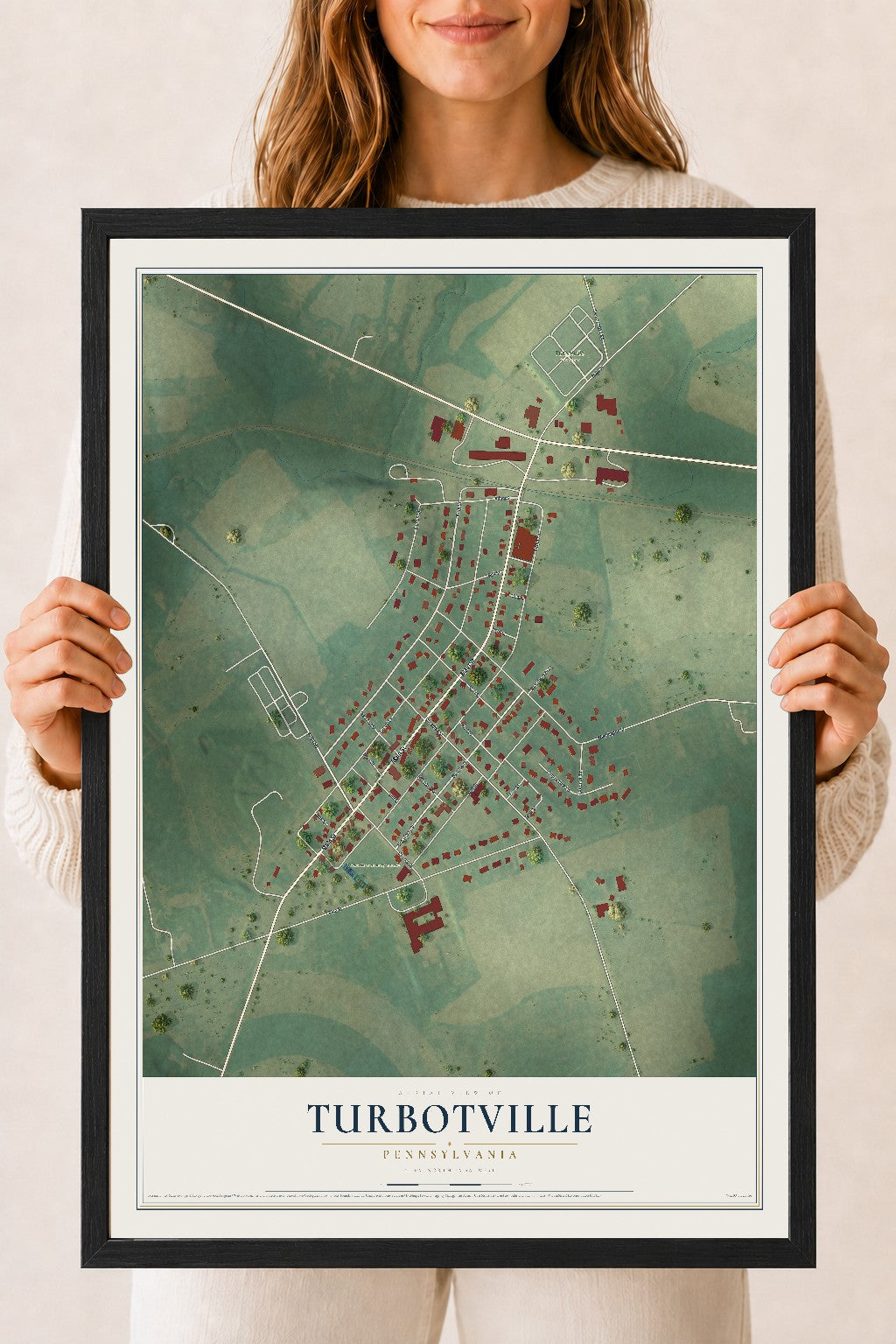 Map of Turbotville, Pennsylvania, 18 x 24 inch print in a black wood frame