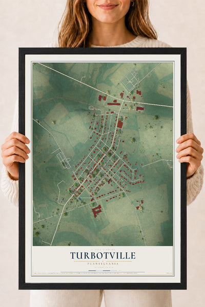 Map of Turbotville, Pennsylvania, 18 x 24 inch print in a black wood frame