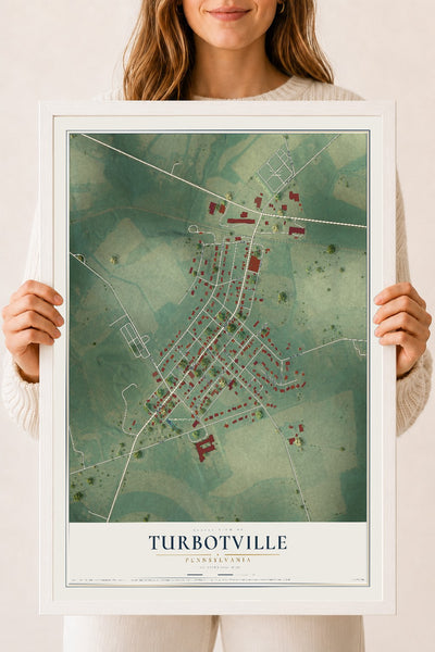 Map of Turbotville, Pennsylvania, 18 x 24 inch print in a white wood frame