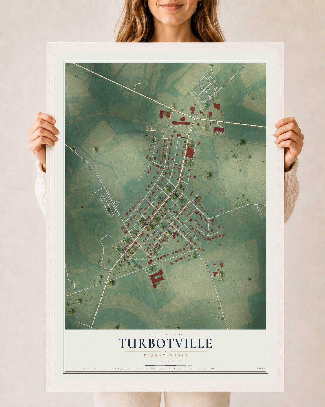 Map of Turbotville, Pennsylvania, 24 x 36 inch print in a white wood frame