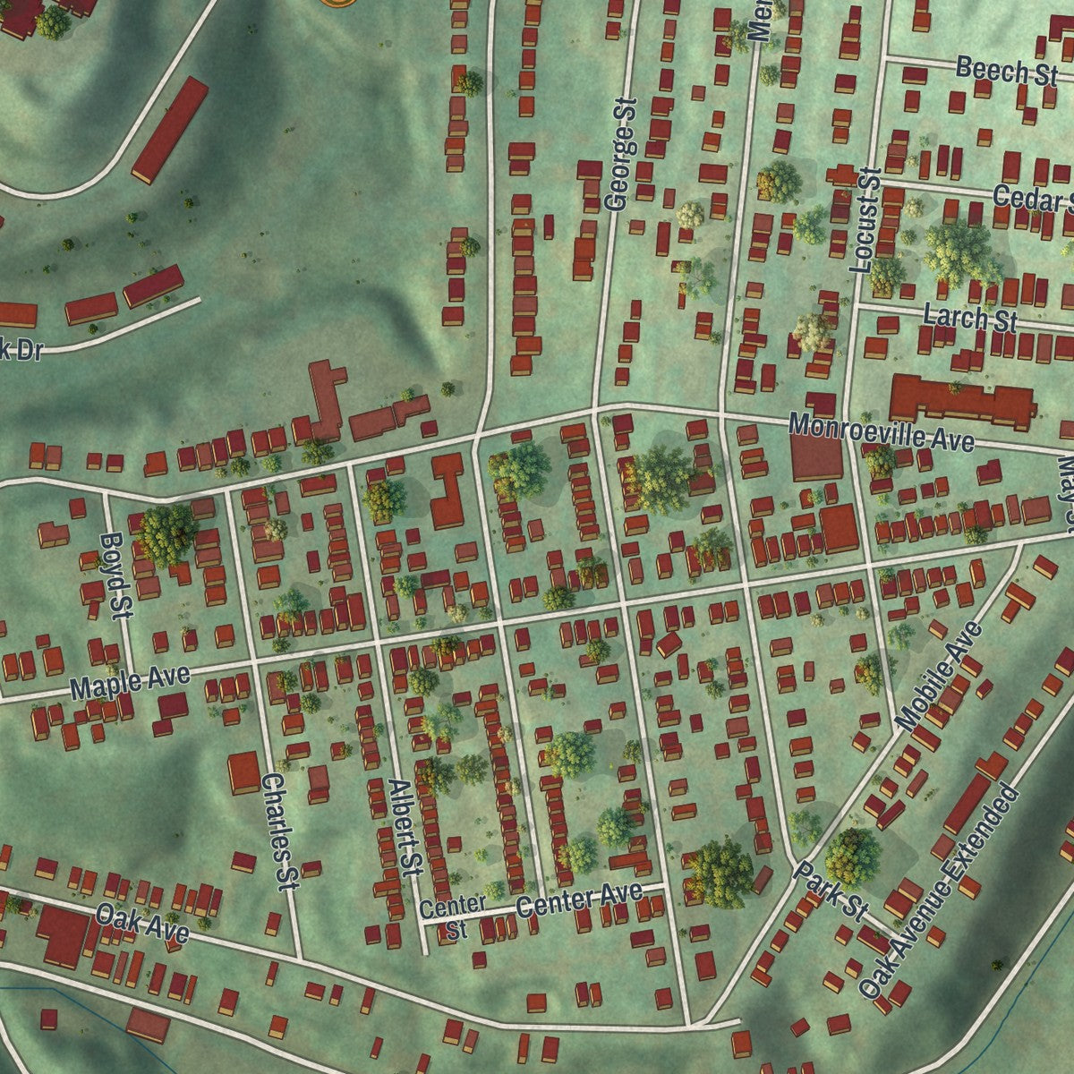 Close-up of the map of Turtle Creek, Pennsylvania print showing street and building detail