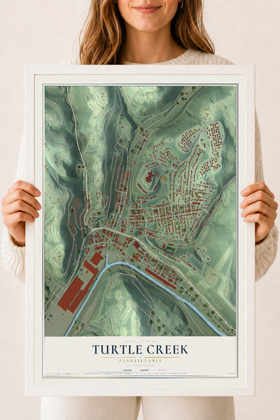 Map of Turtle Creek, Pennsylvania, 18 x 24 inch print in a white wood frame