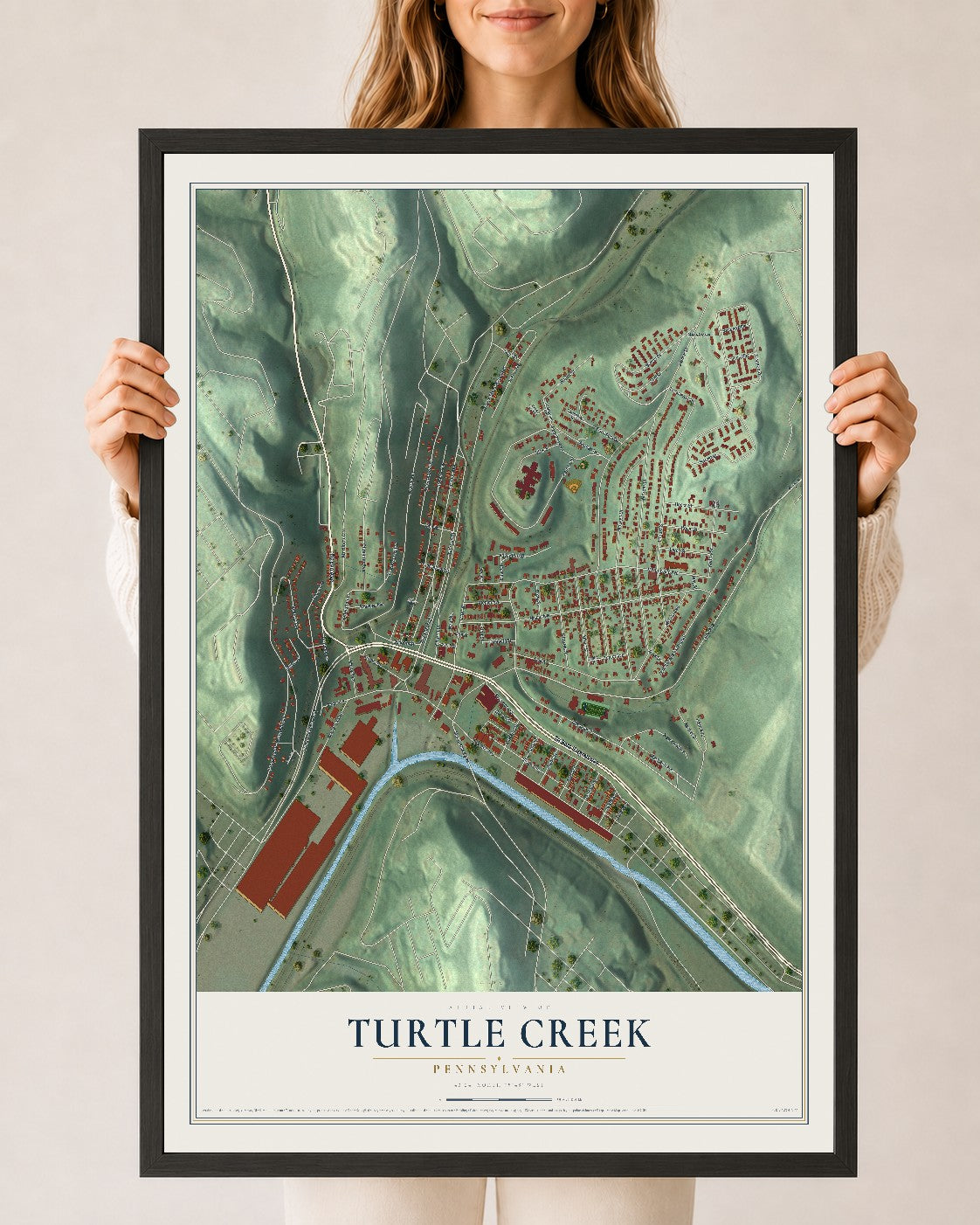 Map of Turtle Creek, Pennsylvania, 24 x 36 inch print in a black wood frame