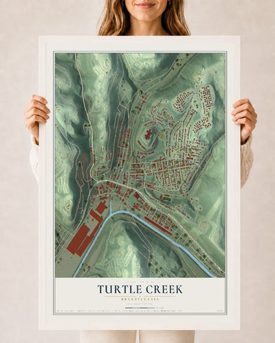 Map of Turtle Creek, Pennsylvania, 24 x 36 inch print in a white wood frame