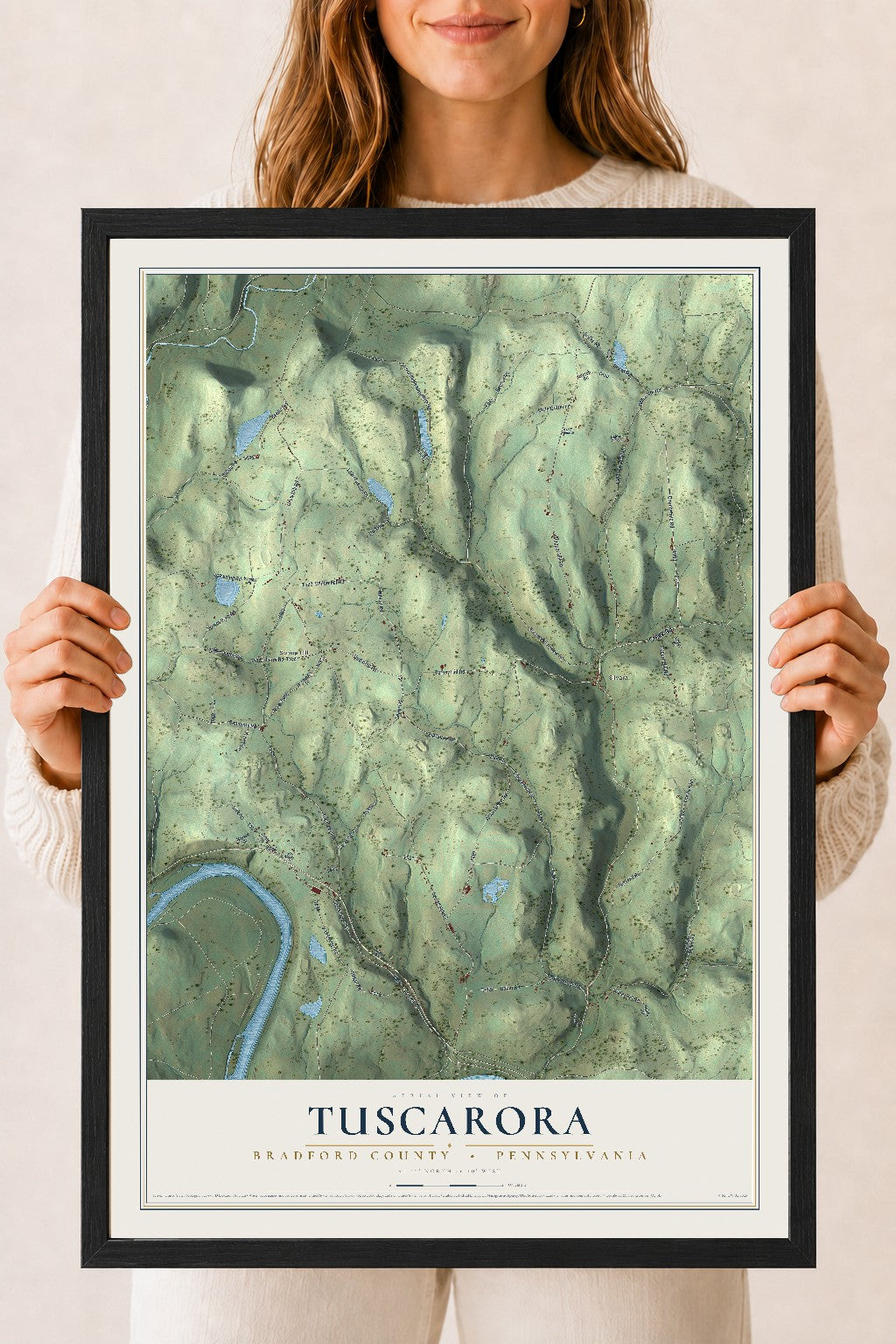 Map of Tuscarora, Bradford County, Pennsylvania, 18 x 24 inch print in a black wood frame