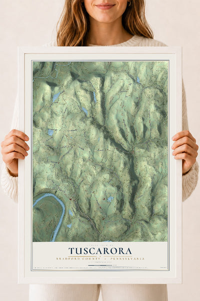 Map of Tuscarora, Bradford County, Pennsylvania, 18 x 24 inch print in a white wood frame