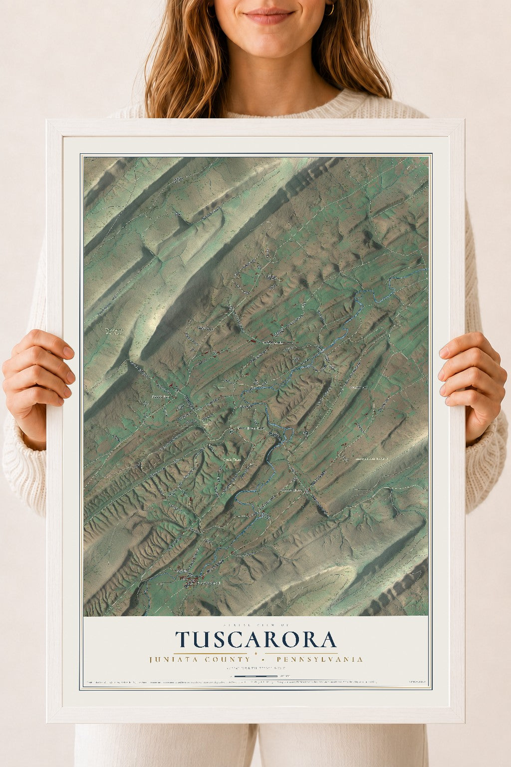 Map of Tuscarora, Juniata County, Pennsylvania, 18 x 24 inch print in a white wood frame