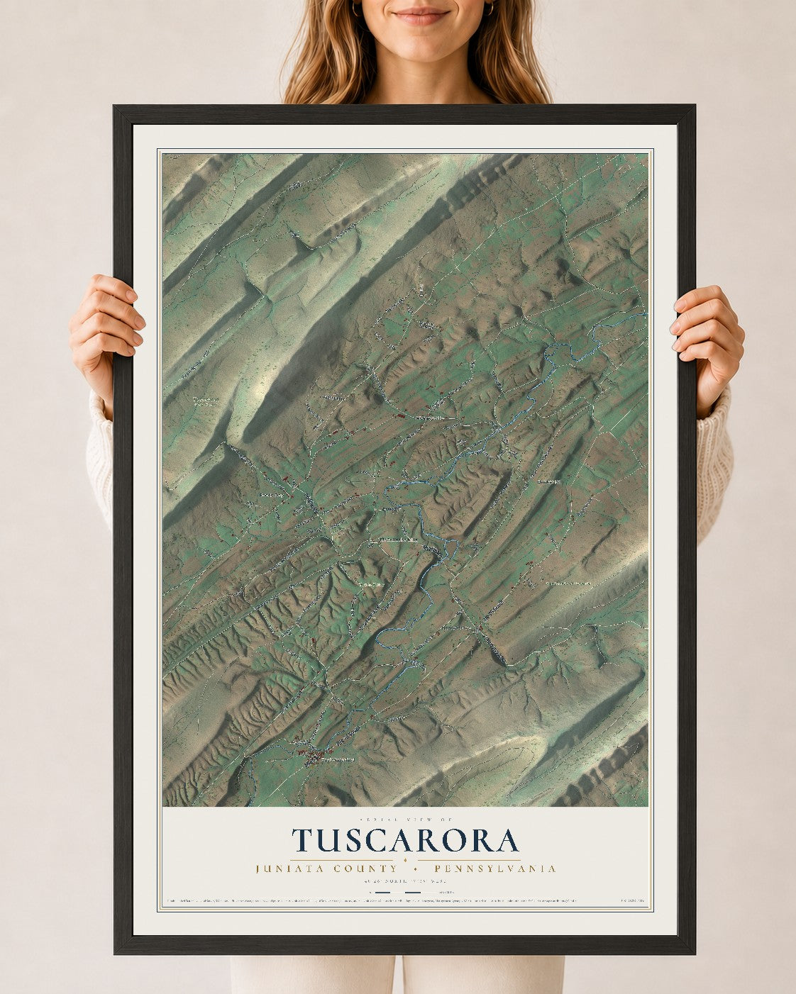 Map of Tuscarora, Juniata County, Pennsylvania, 24 x 36 inch print in a black wood frame