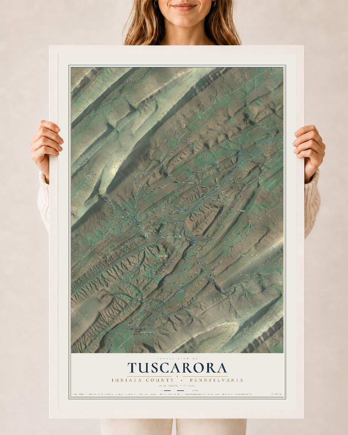 Map of Tuscarora, Juniata County, Pennsylvania, 24 x 36 inch print in a white wood frame