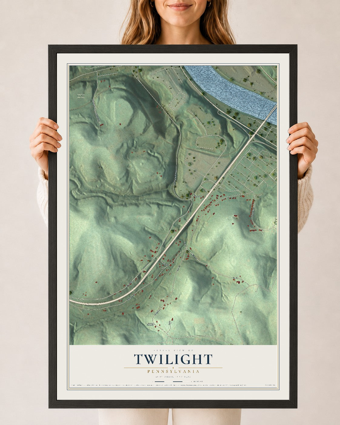 Map of Twilight, Pennsylvania, 24 x 36 inch print in a black wood frame