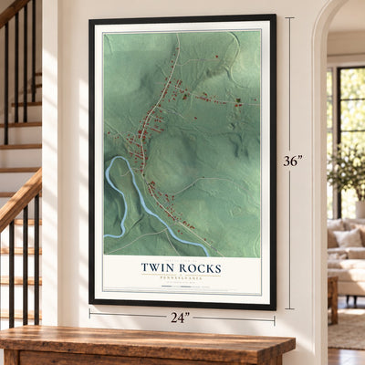 Twin Rocks, Pennsylvania map, 24 x 36 inch print in a black frame by a staircase