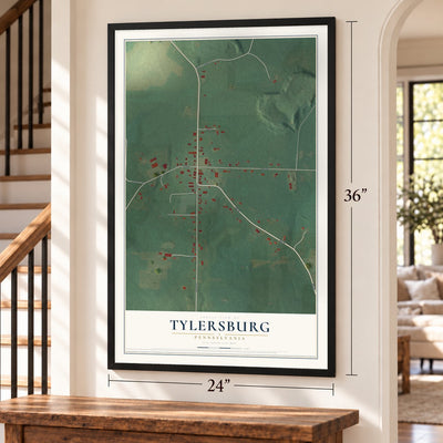 Tylersburg, Pennsylvania map, 24 x 36 inch print in a black frame by a staircase
