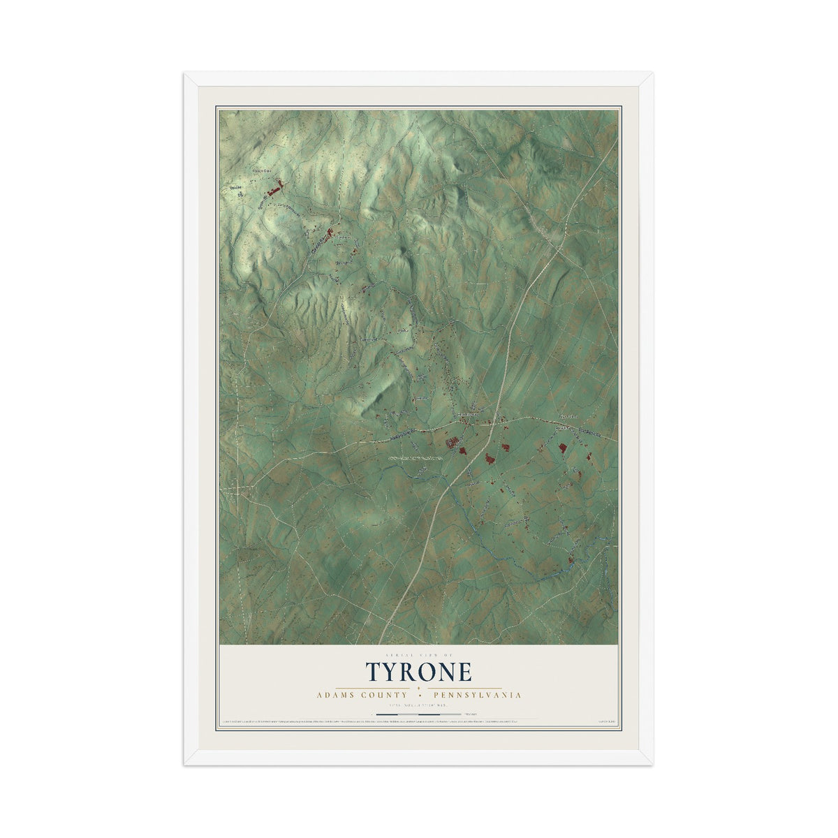 Map of Tyrone, Adams County, Pennsylvania, 12 x 18 inch print in a white wood frame