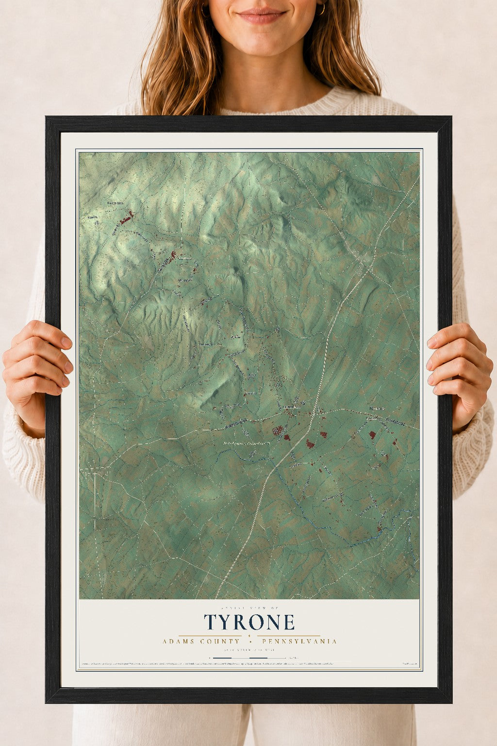 Map of Tyrone, Adams County, Pennsylvania, 18 x 24 inch print in a black wood frame