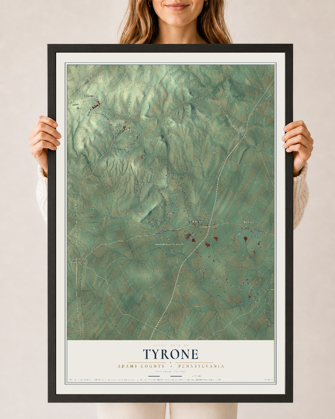 Map of Tyrone, Adams County, Pennsylvania, 24 x 36 inch print in a black wood frame