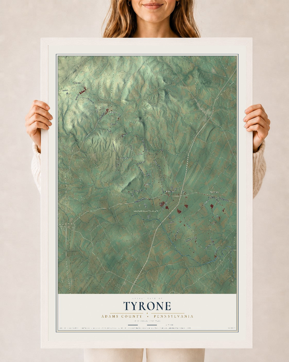 Map of Tyrone, Adams County, Pennsylvania, 24 x 36 inch print in a white wood frame