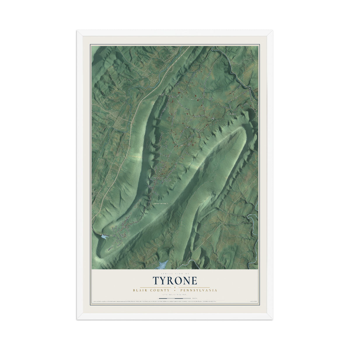 Map of Tyrone, Blair County, Pennsylvania, 12 x 18 inch print in a white wood frame