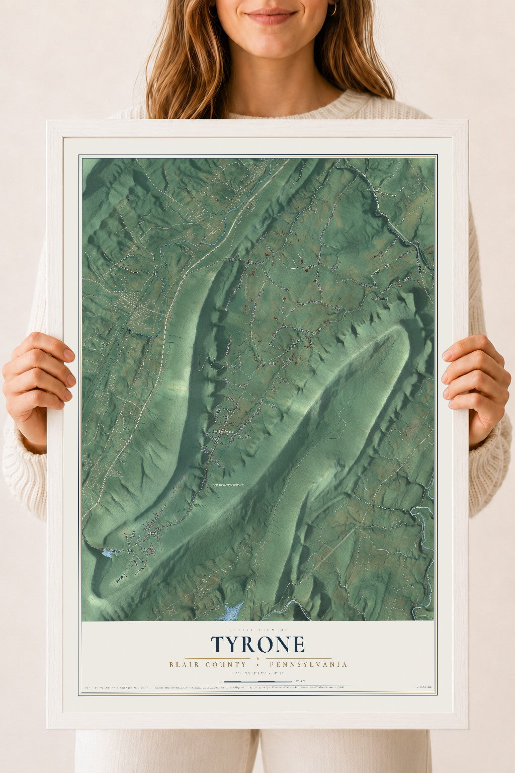 Map of Tyrone, Blair County, Pennsylvania, 18 x 24 inch print in a white wood frame