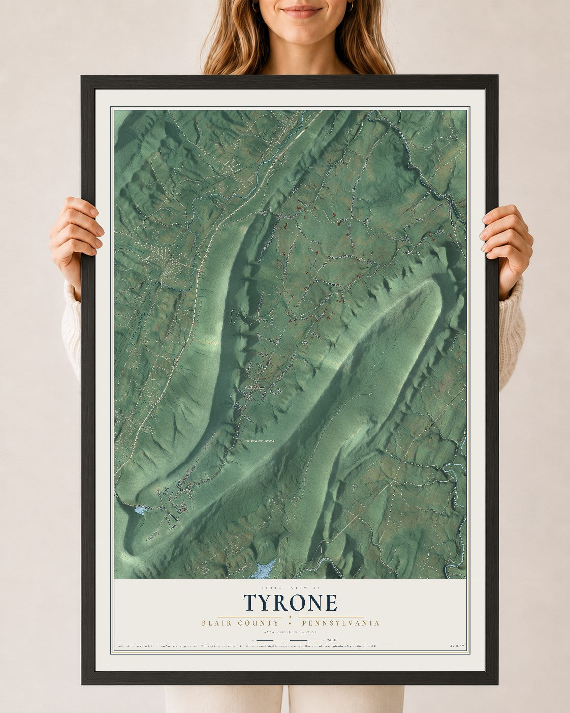 Map of Tyrone, Blair County, Pennsylvania, 24 x 36 inch print in a black wood frame