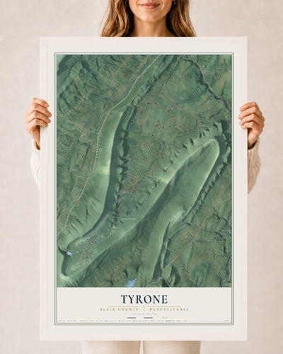 Map of Tyrone, Blair County, Pennsylvania, 24 x 36 inch print in a white wood frame