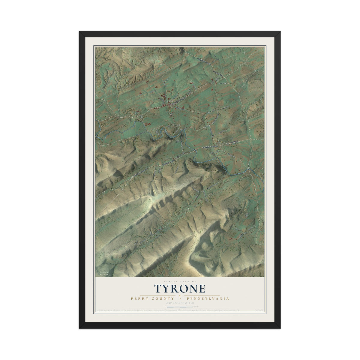 Map of Tyrone, Perry County, Pennsylvania, 12 x 18 inch print in a black wood frame