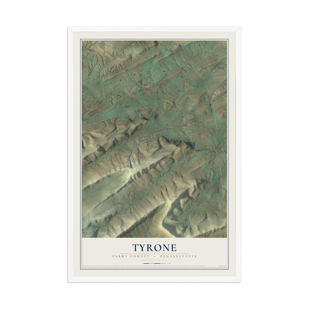 Map of Tyrone, Perry County, Pennsylvania, 12 x 18 inch print in a white wood frame