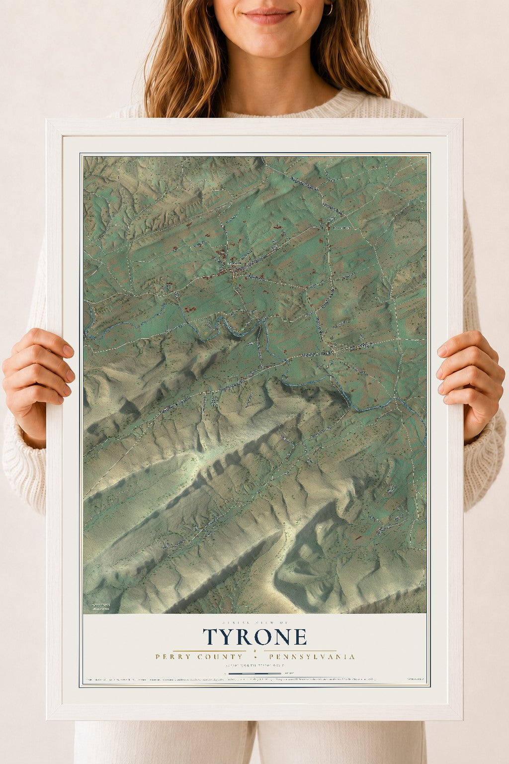 Map of Tyrone, Perry County, Pennsylvania, 18 x 24 inch print in a white wood frame