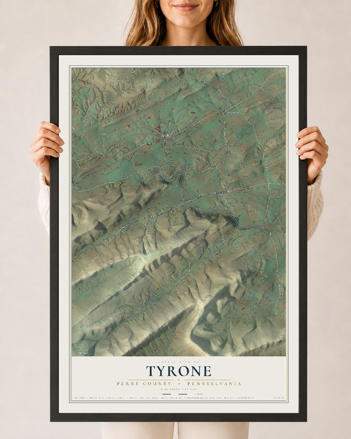 Map of Tyrone, Perry County, Pennsylvania, 24 x 36 inch print in a black wood frame
