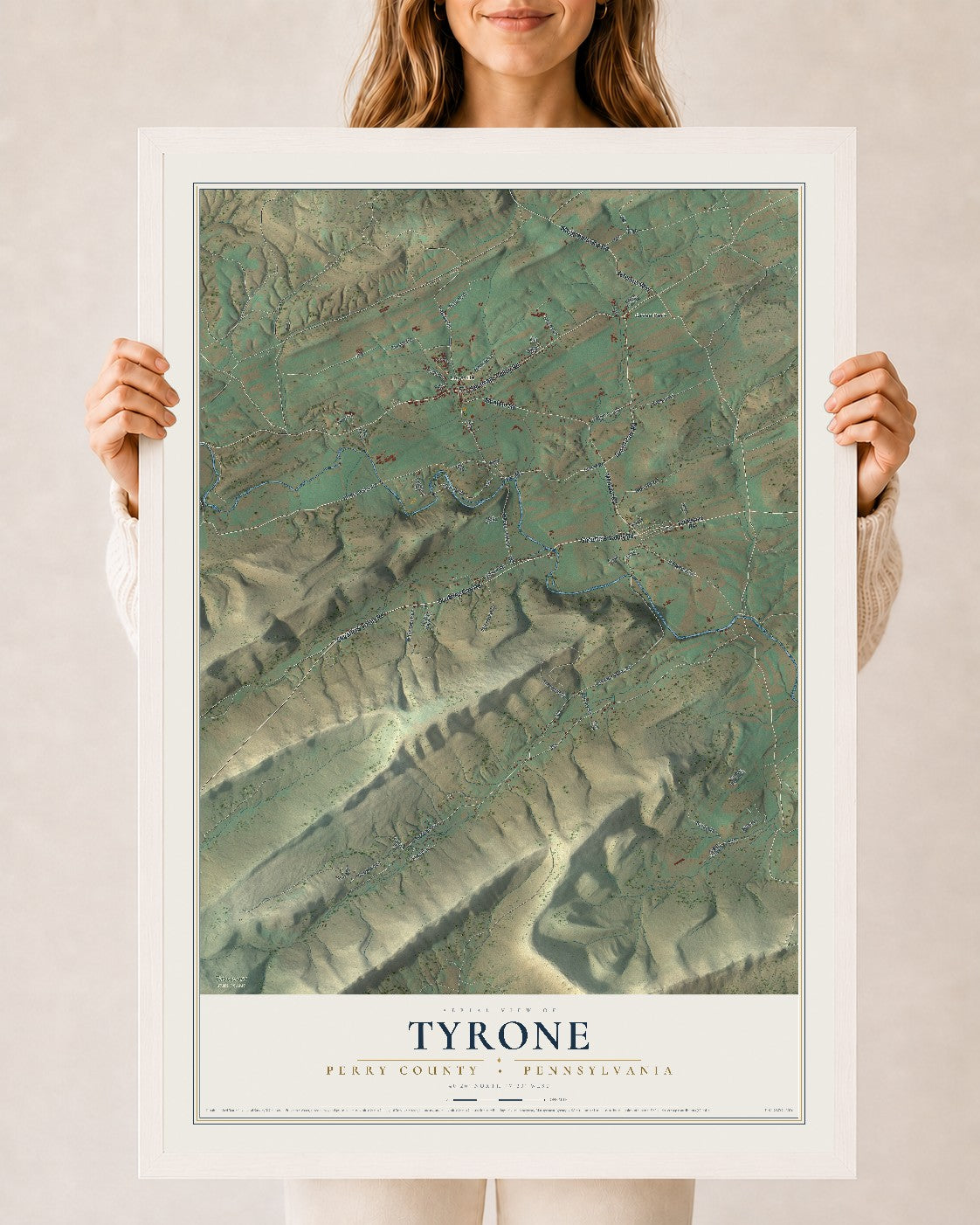 Map of Tyrone, Perry County, Pennsylvania, 24 x 36 inch print in a white wood frame