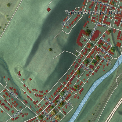 Second close-up of the map of the Borough of Tyrone, Blair County, Pennsylvania print showing more streets and buildings