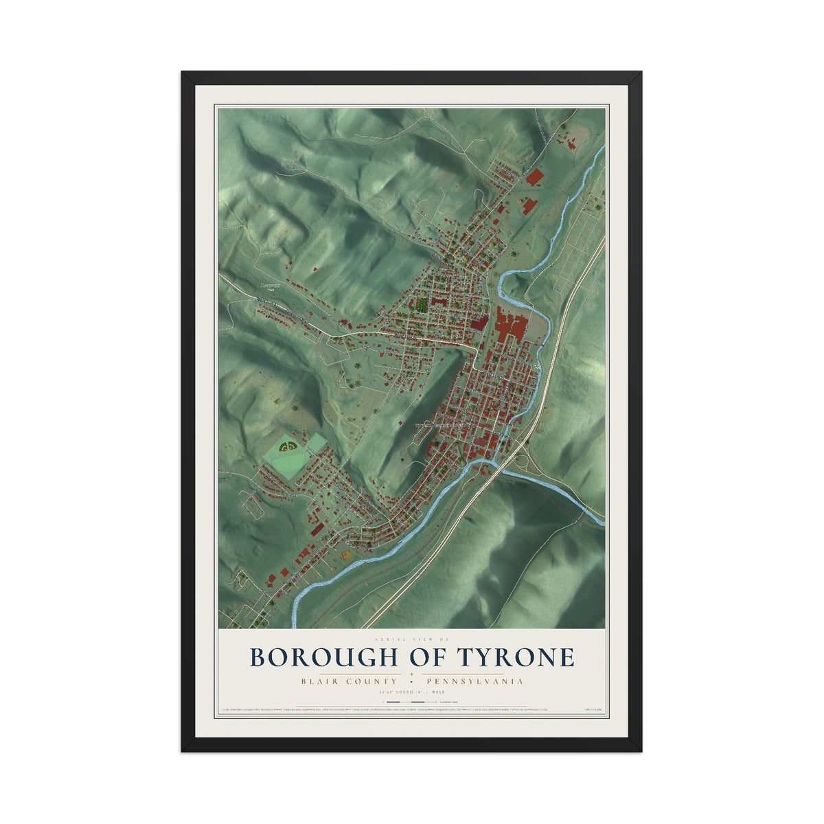 Map of the Borough of Tyrone, Blair County, Pennsylvania, 12 x 18 inch print in a black wood frame