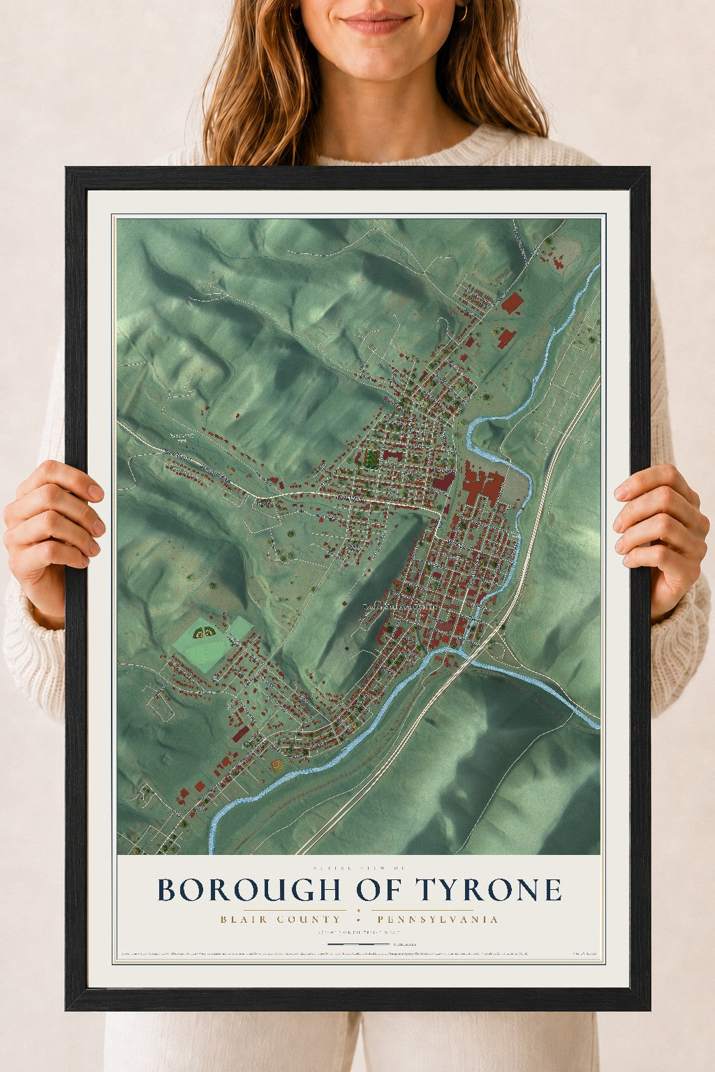 Map of the Borough of Tyrone, Blair County, Pennsylvania, 18 x 24 inch print in a black wood frame