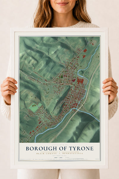 Map of the Borough of Tyrone, Blair County, Pennsylvania, 18 x 24 inch print in a white wood frame