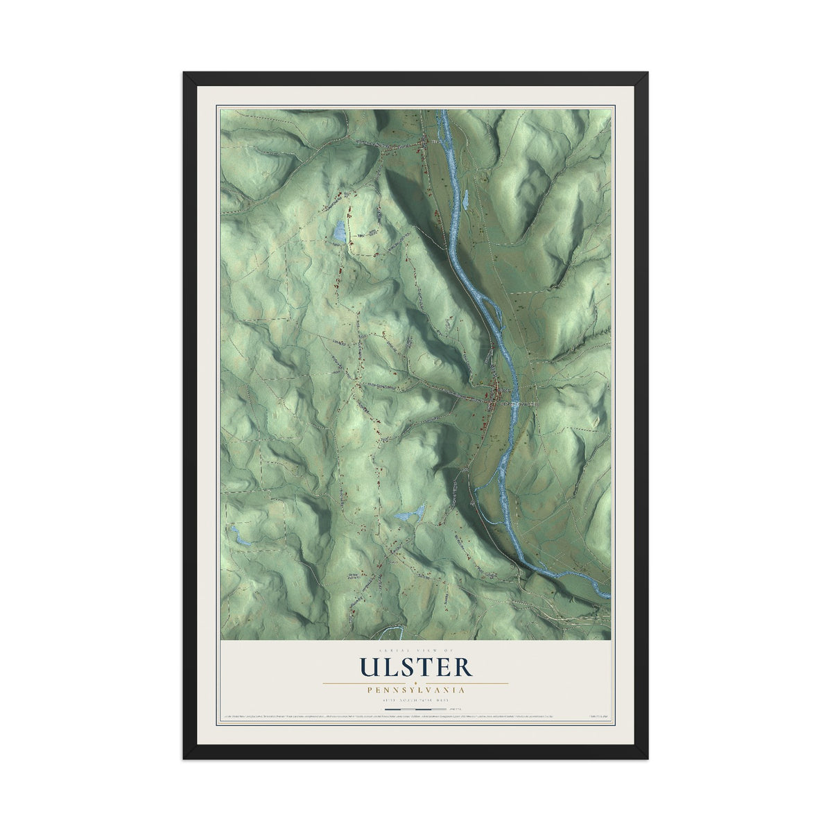 Map of Ulster, Pennsylvania, 12 x 18 inch print in a black wood frame