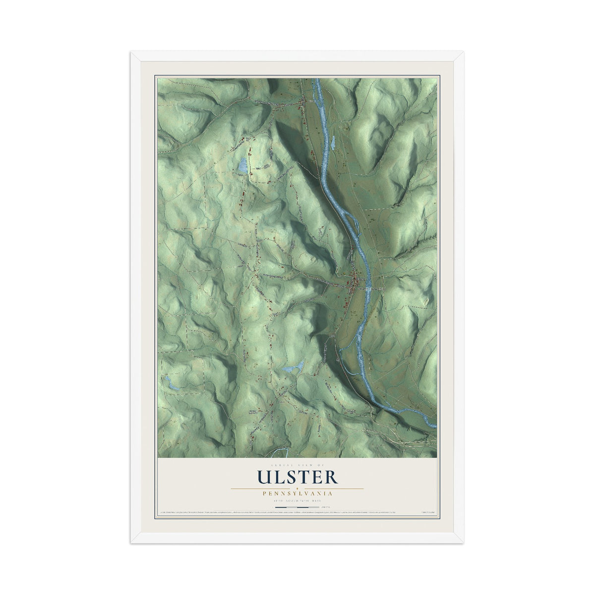 Map of Ulster, Pennsylvania, 12 x 18 inch print in a white wood frame