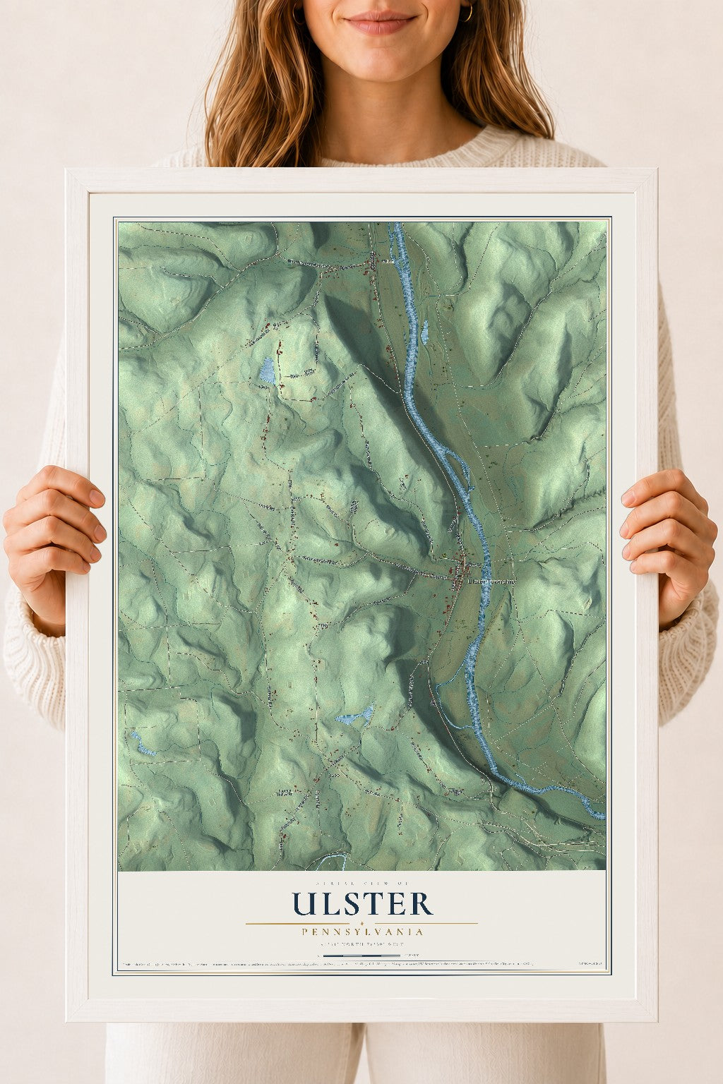 Map of Ulster, Pennsylvania, 18 x 24 inch print in a white wood frame