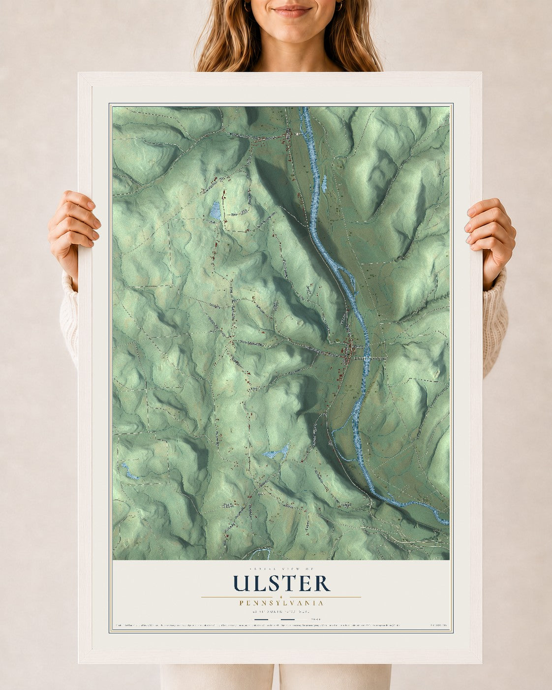 Map of Ulster, Pennsylvania, 24 x 36 inch print in a white wood frame