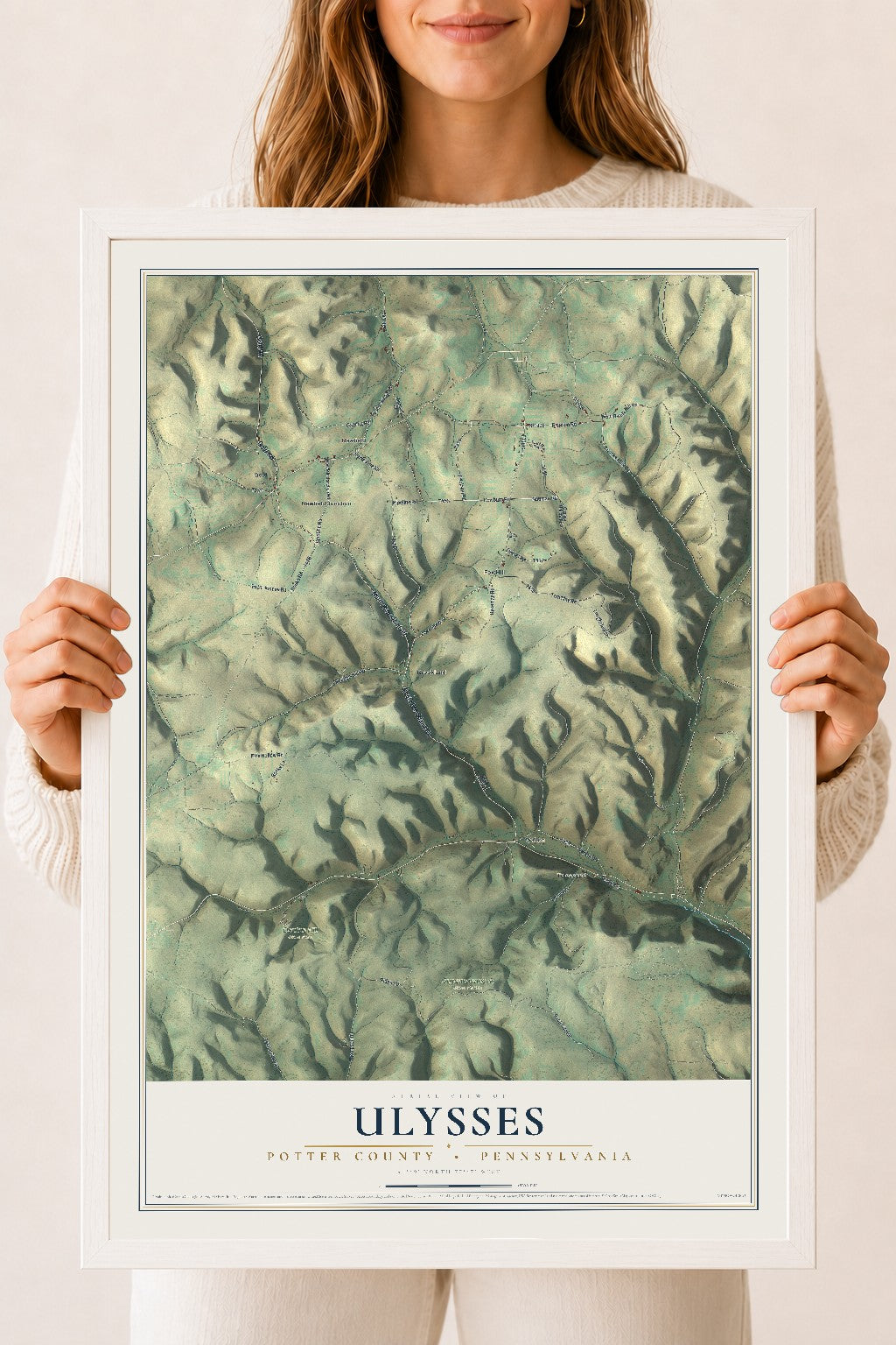 Map of Ulysses, Potter County, Pennsylvania, 18 x 24 inch print in a white wood frame