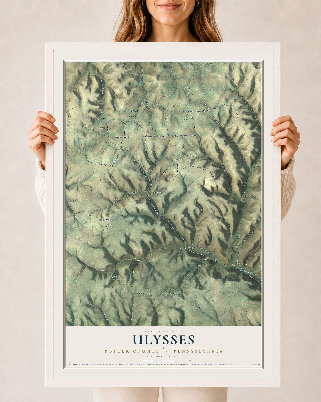 Map of Ulysses, Potter County, Pennsylvania, 24 x 36 inch print in a white wood frame
