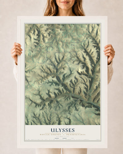 Map of Ulysses, Potter County, Pennsylvania, 24 x 36 inch print in a white wood frame
