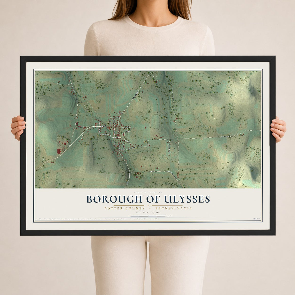 Map of the Borough of Ulysses, Potter County, Pennsylvania, 24 x 36 inch print in a black wood frame